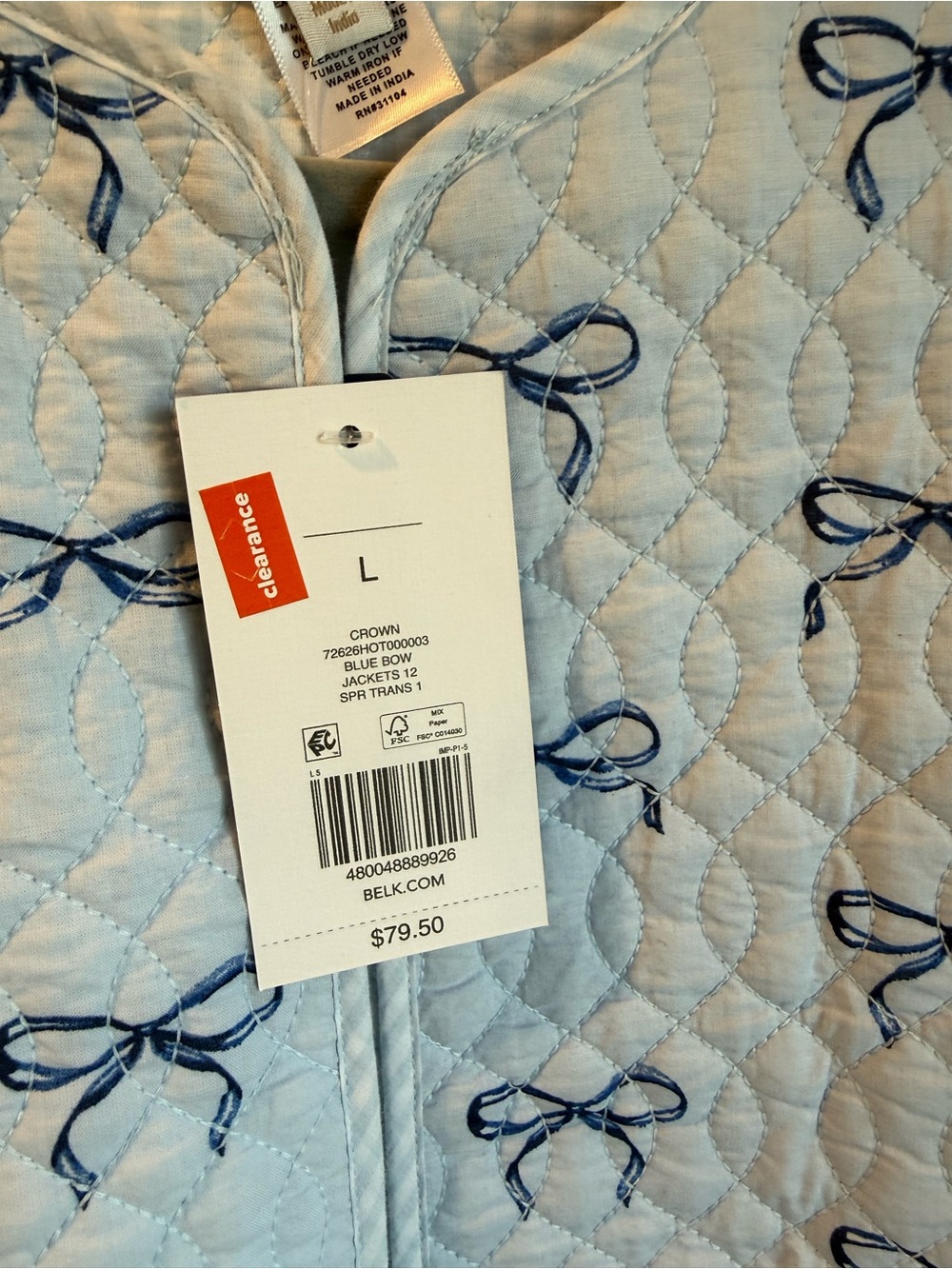 Crown & Ivy Blue Bow Reversible Quilted Jacket Large NWT - Picture 3 of 5
